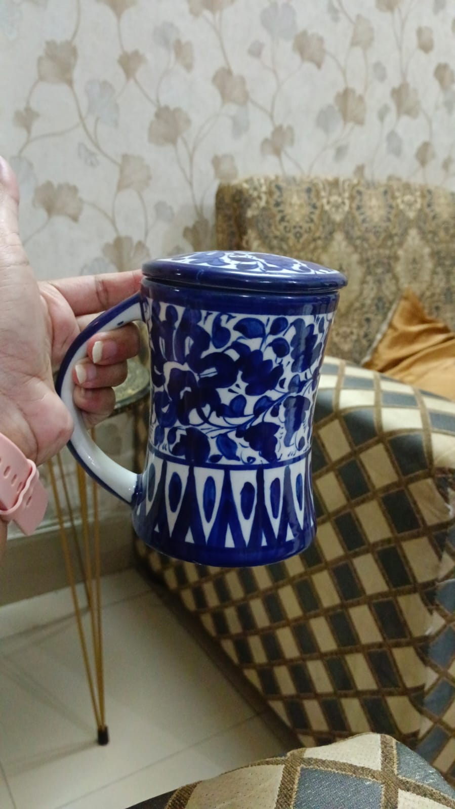 Handmade concave blue pottery mug with lid