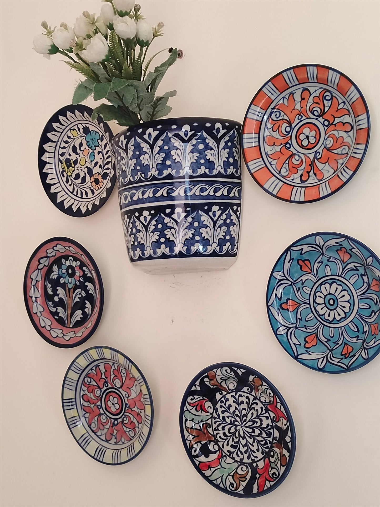 Handmade Customized Wall Hanging Plates Blue Pottery